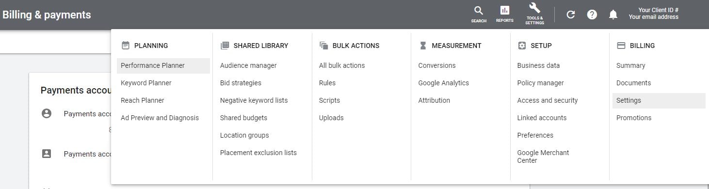 Google Ads Billing Settings Tab